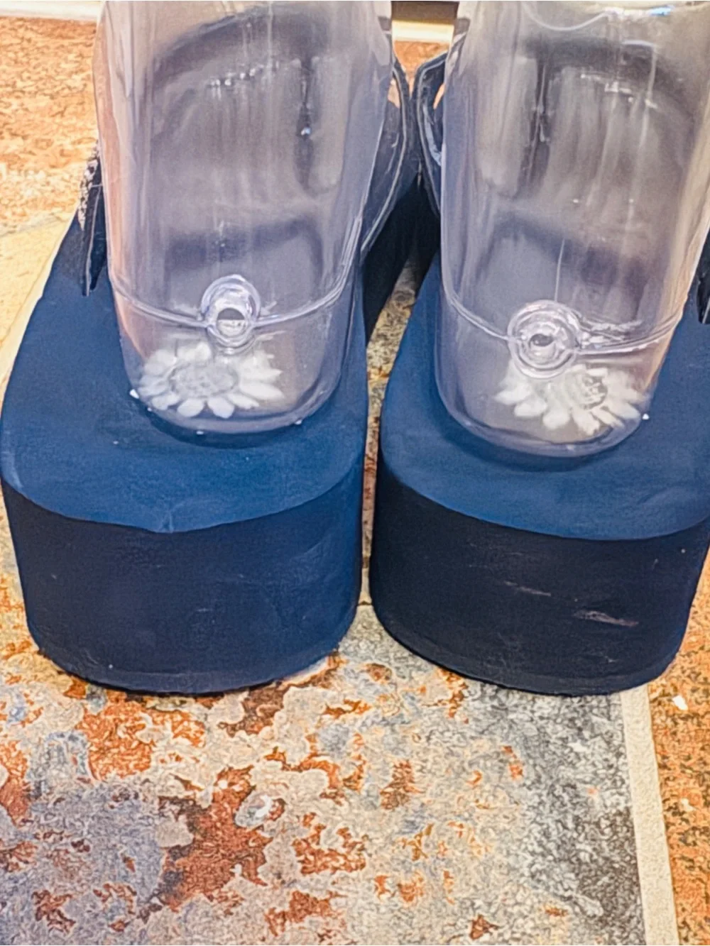 Like New Yellow Box Navy Blue Wedge Rhinestone Sandals! - Picture 12 of 15